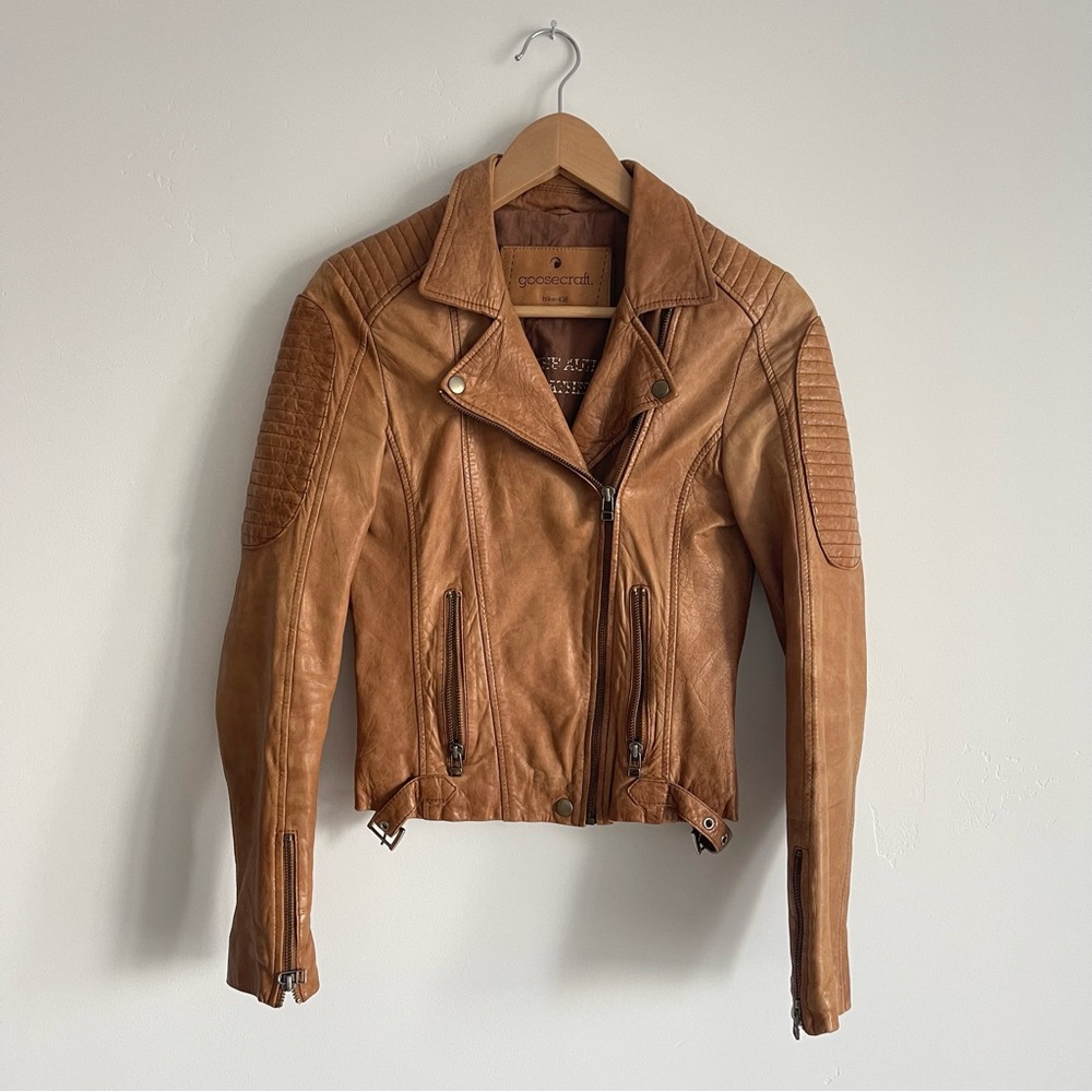 Goosecraft Womens Leather Biker Jacket 438 Real Leather Brown Tan Size Xs